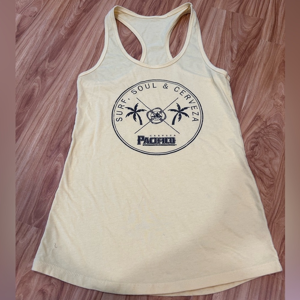 Cerveza pacifico, slightly yellow, sleeveless, tank top